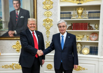 President Donald Trump meets with Kazakh President Kassym-Jomart Tokayev in the Oval Office
