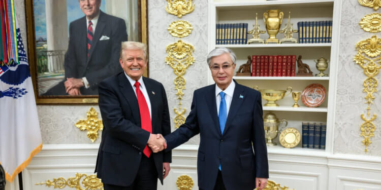 President Donald Trump meets with Kazakh President Kassym-Jomart Tokayev in the Oval Office