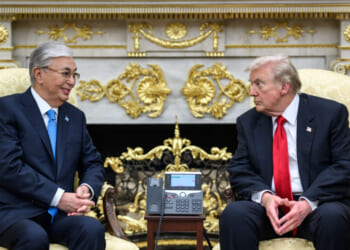 President Donald Trump confers with Kazakh president Kassym Jomart Tokayev in the Oval Office.