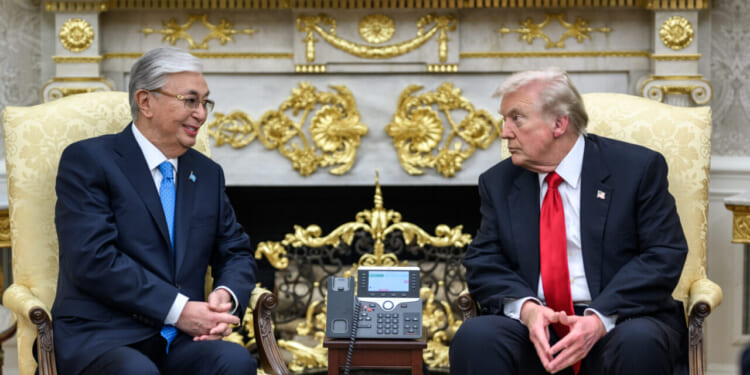 President Donald Trump confers with Kazakh president Kassym Jomart Tokayev in the Oval Office.