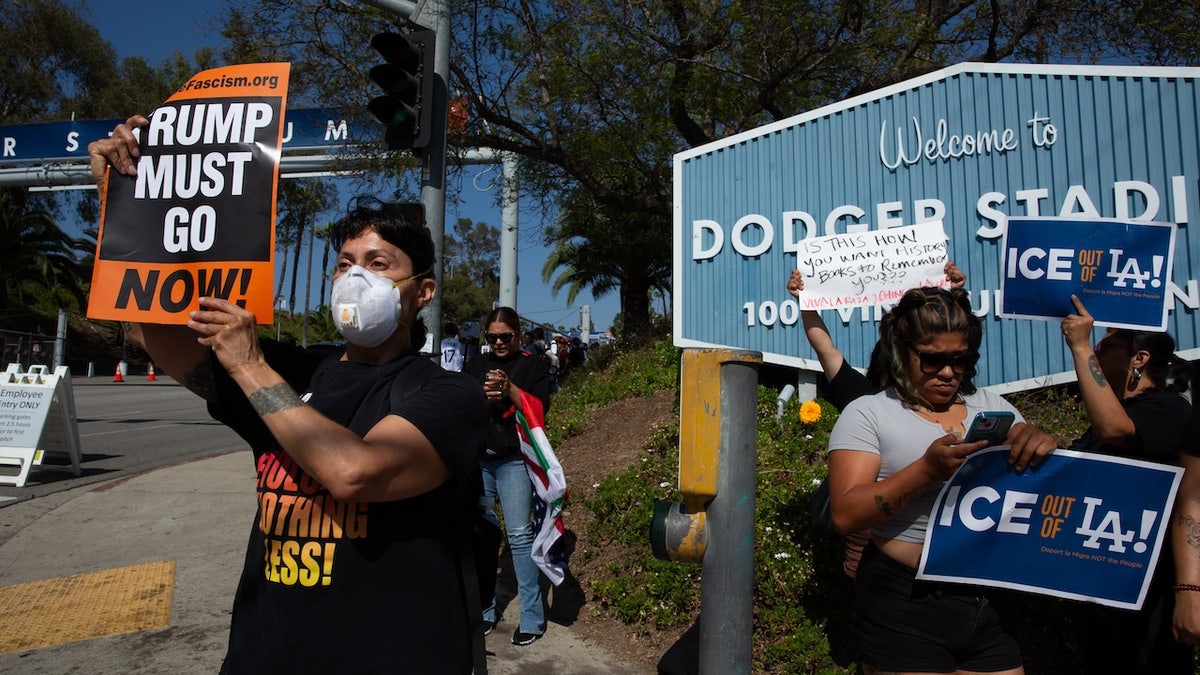Anti-ICE protesters by Dodger Stadium
