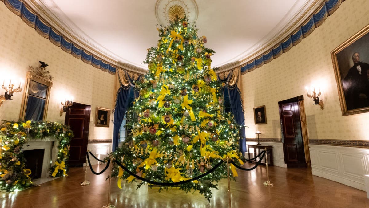 The Blue Room of the White House is seen decorated for the Christmas season, Nov. 29, 2020.