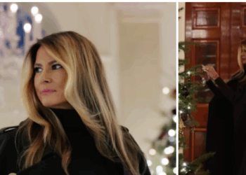 Melania Trump Unveils White House Christmas Decorations in Burberry Military Coat