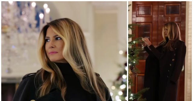Melania Trump Unveils White House Christmas Decorations in Burberry Military Coat