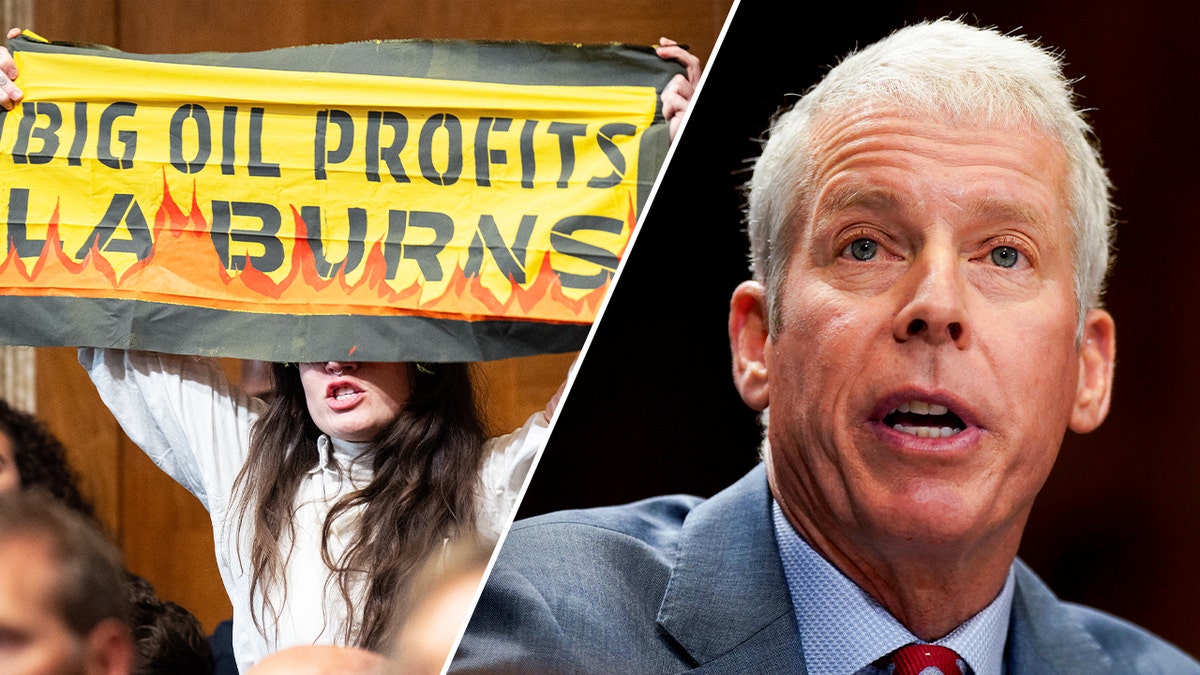 Energy Department Secretary Chris Wright (right) is juxtaposed in this split-image next to a photo of an environmentalist protester holding up a sign reading 'BIG OIL PROFITS. LA BURNS."
