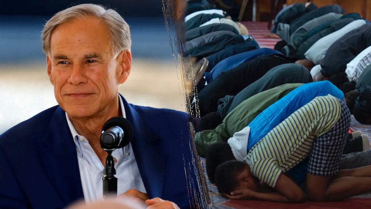 Split image of Gov. Abbott and CAIR prayer event