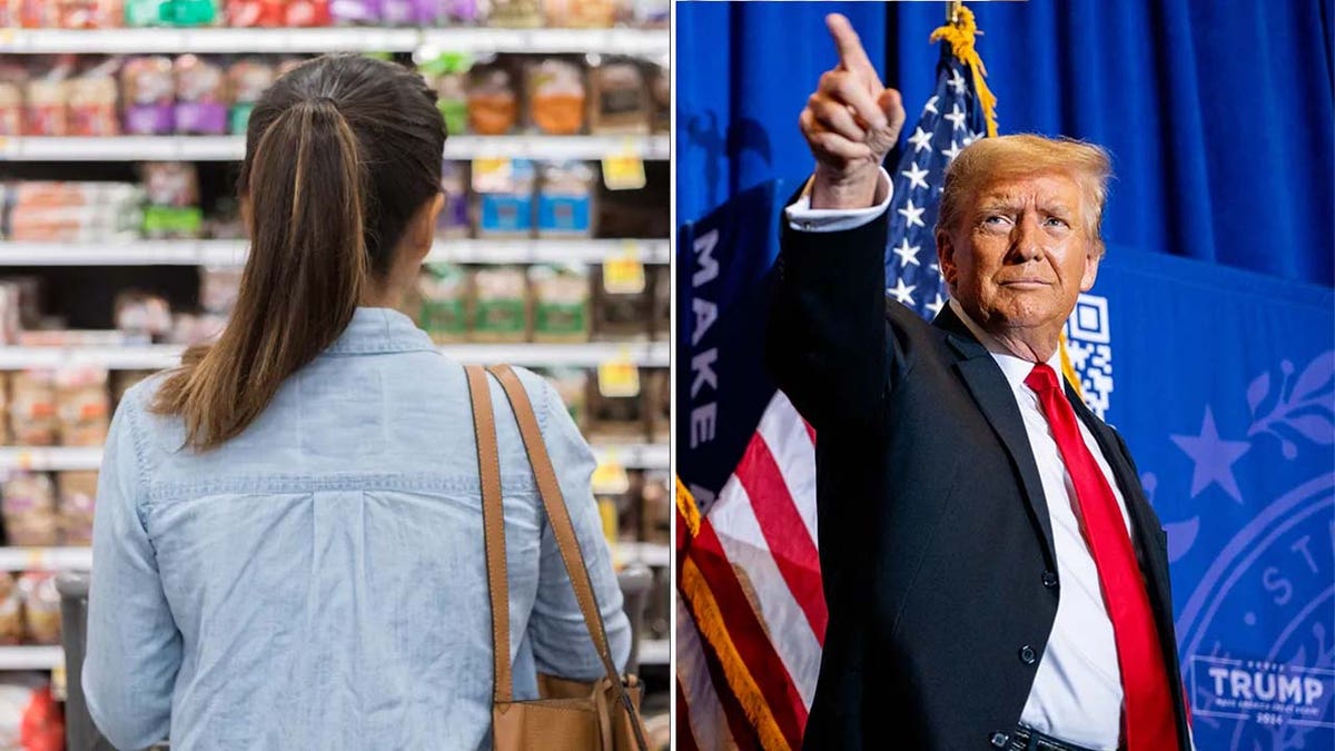 A split of a woman grocery shopping and Trump pointing.