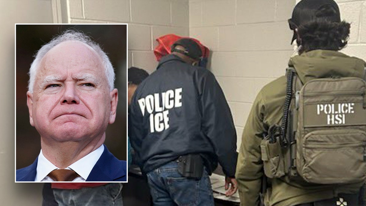 Tim Walz is pictured next to ICE