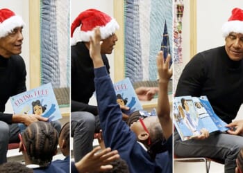 Obama surprises Chicago students in Santa hat during library visit