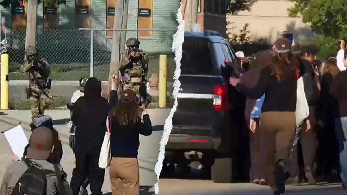 Law enforcement tries to disperse anti-ICE protesters, who also were seen blocking vehicles from leaving an area near Chicago