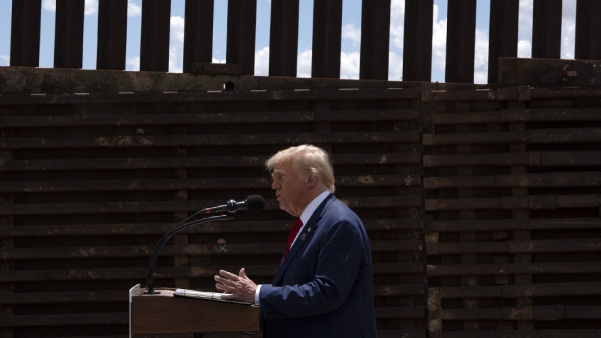 President Donald Trump speaks at the U.S.-Mexico border.