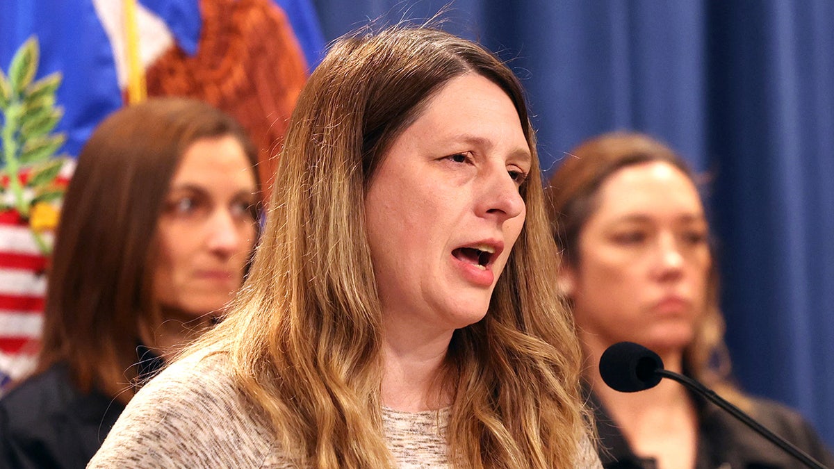 Tammy Nobles speaks at a Justice Department press conference alongside Attorney General Pam Bondi