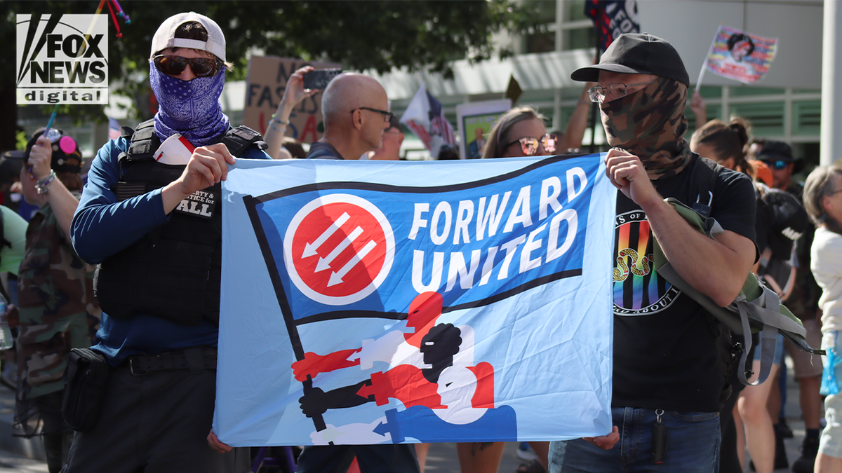 labor day protesters display a pro-union flag