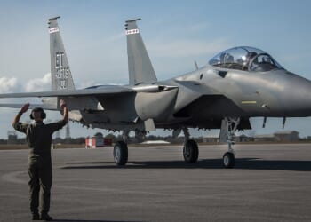 An F-15EX Eagle II preparing for takeoff.
