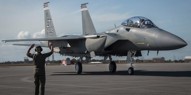 An F-15EX Eagle II preparing for takeoff.