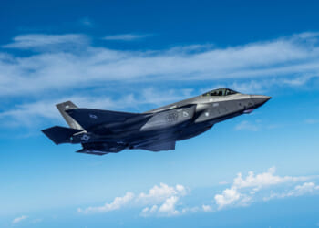 A U.S. Air Force F-35A Lightning II assigned to the 421st Expeditionary Fighter Squadron, deployed to Kadena Air Base, flies over the Pacific Ocean, Sept. 30, 2025.