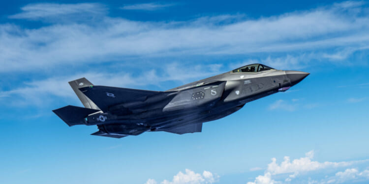 A U.S. Air Force F-35A Lightning II assigned to the 421st Expeditionary Fighter Squadron, deployed to Kadena Air Base, flies over the Pacific Ocean, Sept. 30, 2025.