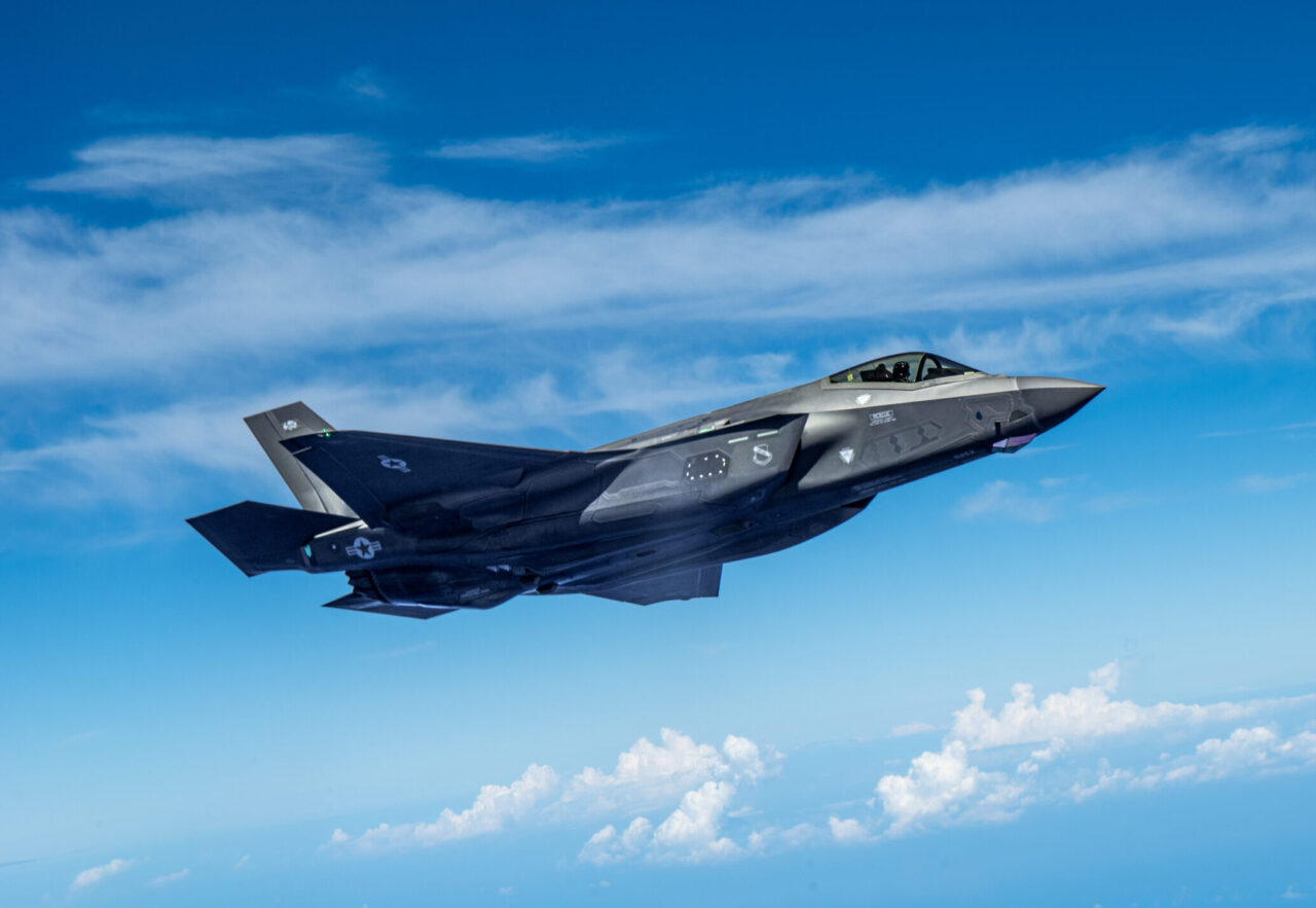 A U.S. Air Force F-35A Lightning II assigned to the 421st Expeditionary Fighter Squadron, deployed to Kadena Air Base, flies over the Pacific Ocean, Sept. 30, 2025.