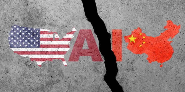 USA and China flags on a concrete wall. China and US artificial intelligence or AI competitions