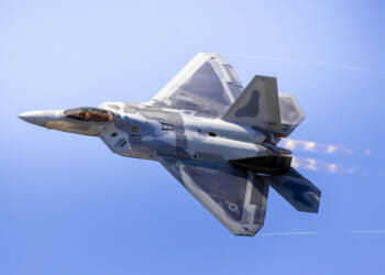 An F-22 Raptor performs an aerial demonstration at Naval Air Station Oceana, Virginia, Sept. 20, 2025.