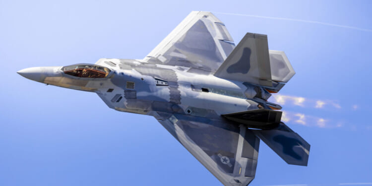 An F-22 Raptor performs an aerial demonstration at Naval Air Station Oceana, Virginia, Sept. 20, 2025.