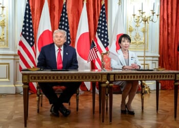 Donald Trump and Sanae Takaichi at a signing ceremony.
