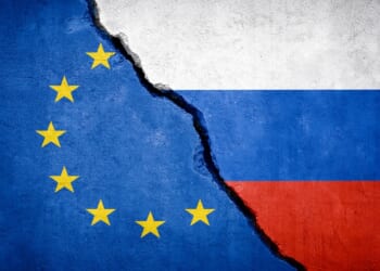 EU and Russia conflict. Country flags on broken wall. Illustration. Energy conflict