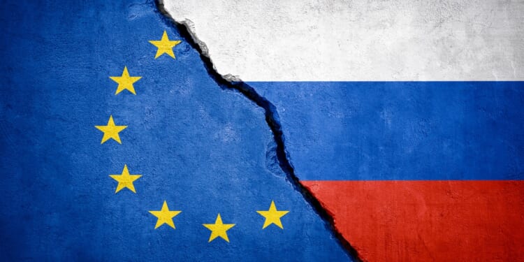 EU and Russia conflict. Country flags on broken wall. Illustration. Energy conflict