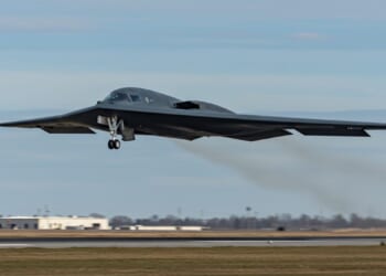 A United States Air Force B-2 Spirit bomber takes off.