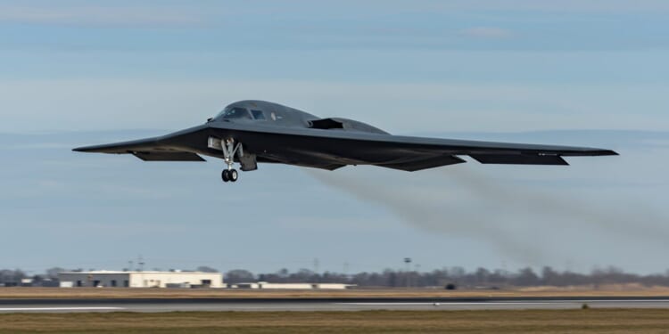 A United States Air Force B-2 Spirit bomber takes off.