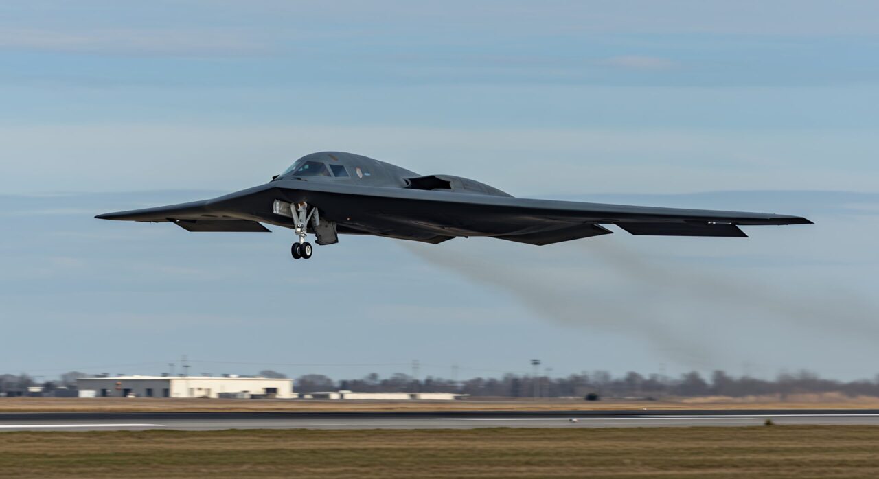 A United States Air Force B-2 Spirit bomber takes off.