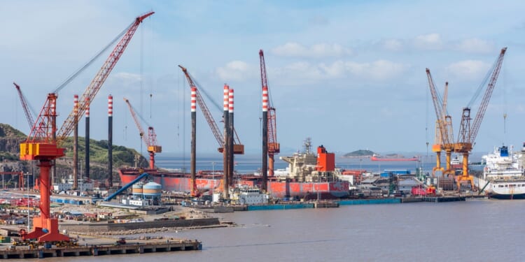 A Chinese shipyard during the daytime.