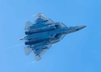 Demonstration of the latest Russian SU-57 fighterof the international aerospace salon MAKS-2021.