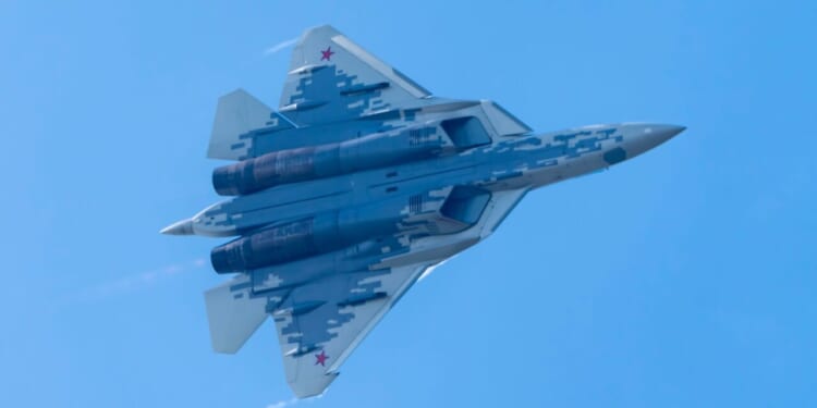 Demonstration of the latest Russian SU-57 fighterof the international aerospace salon MAKS-2021.