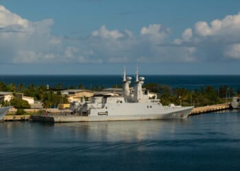 A Venezuelan warship in port.