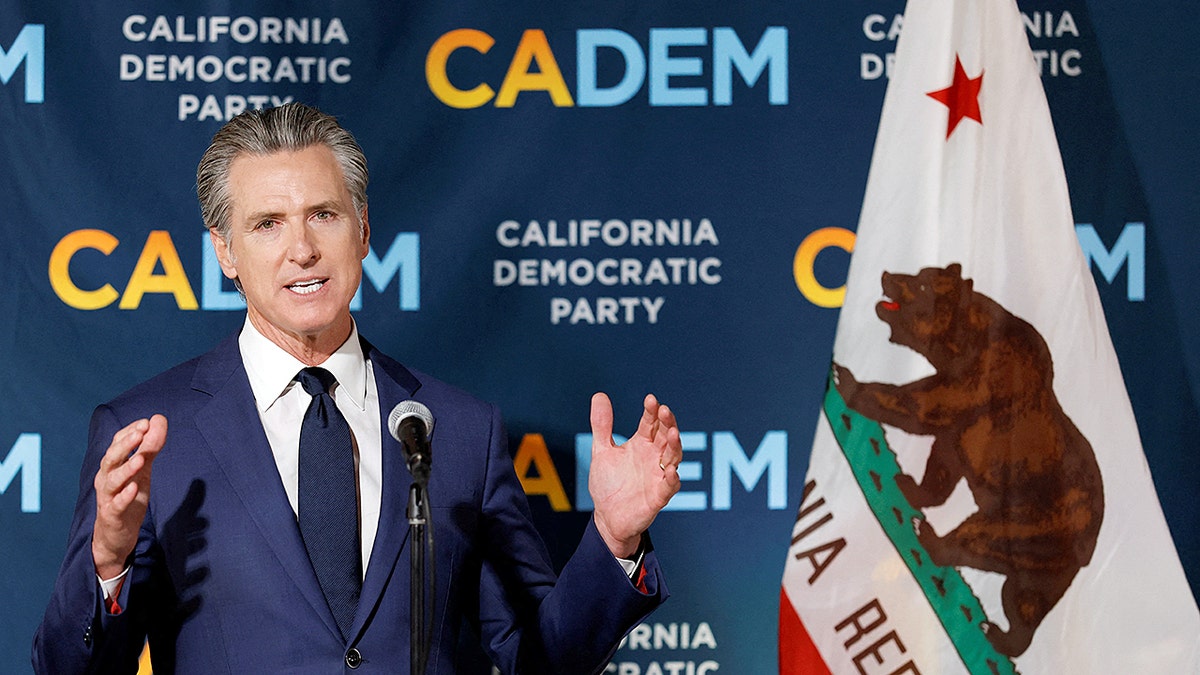 California Gov. Gavin Newsom speaks at the California Democratic Party Headquarters.