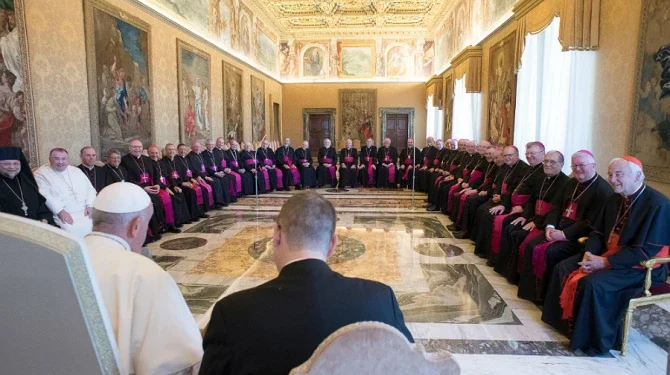 Pope Francis meets with the bishops of England and Wales for their ad limina visit in the Vatican Sept 28 2018 Credit Vatican Media CNA