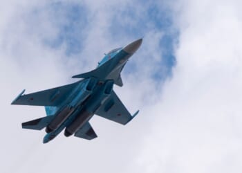 A Russian Su-30 fighter jet in flight.