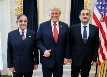 President Donald Trump meets with Pakistani prime minister Shehbaz Sharif and Field Marshal Asim Munir in the Oval Office.
