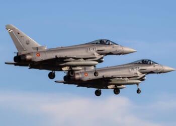 Spanish Air Force Eurofighter Typhoons landing at Berlin-Brandenburg Airport.