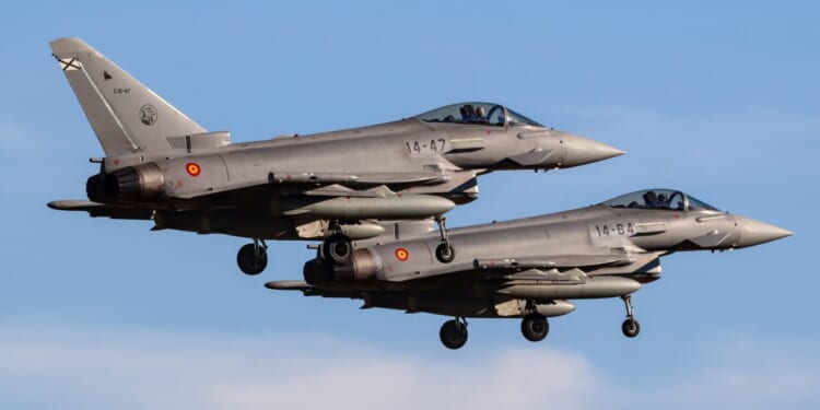 Spanish Air Force Eurofighter Typhoons landing at Berlin-Brandenburg Airport.