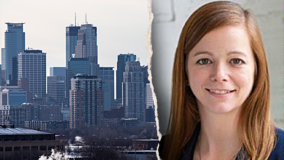 Split image of Judge Sarah West beside the Minneapolis skyline.