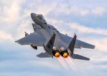 US Air Force F-15C Eagle fighter jet from 104th Fighter Wing taking off from Hohn Air Base, Germany, during NATO exercise Air Defender 2023, June 16, 2023.