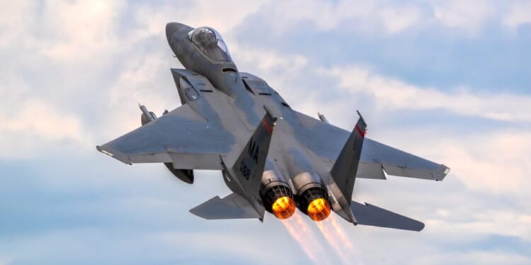 US Air Force F-15C Eagle fighter jet from 104th Fighter Wing taking off from Hohn Air Base, Germany, during NATO exercise Air Defender 2023, June 16, 2023.