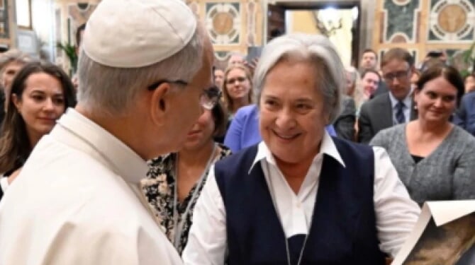 Pope Leo speaking with Sister Norma