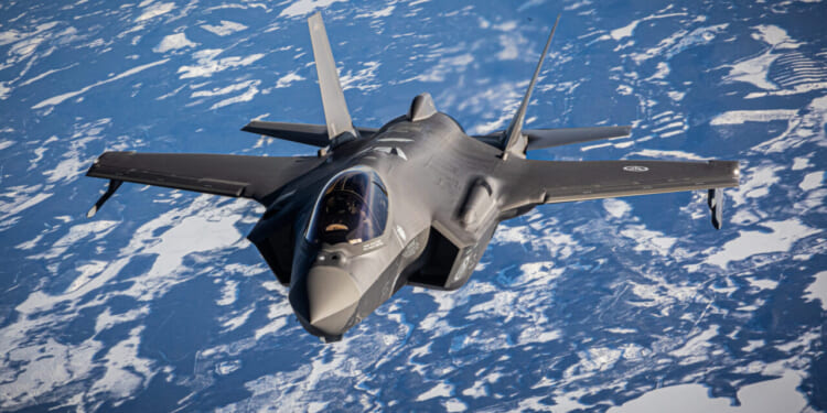 A Norwegian F-35 Lightning II closes the gap to receive fuel from a KC-135 Stratotanker assigned to the 101st Air Refueling Wing during Nordic Response 24, March 11, 2024.