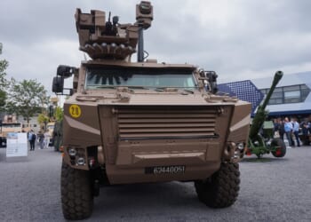 A French Serval armored vehicle on display.