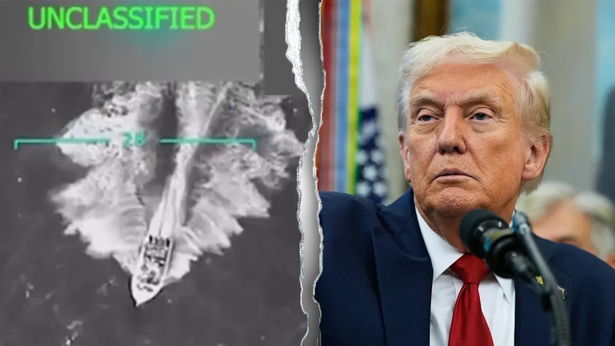 Targeting shot of a Venezuelan drug boat and Donald Trump