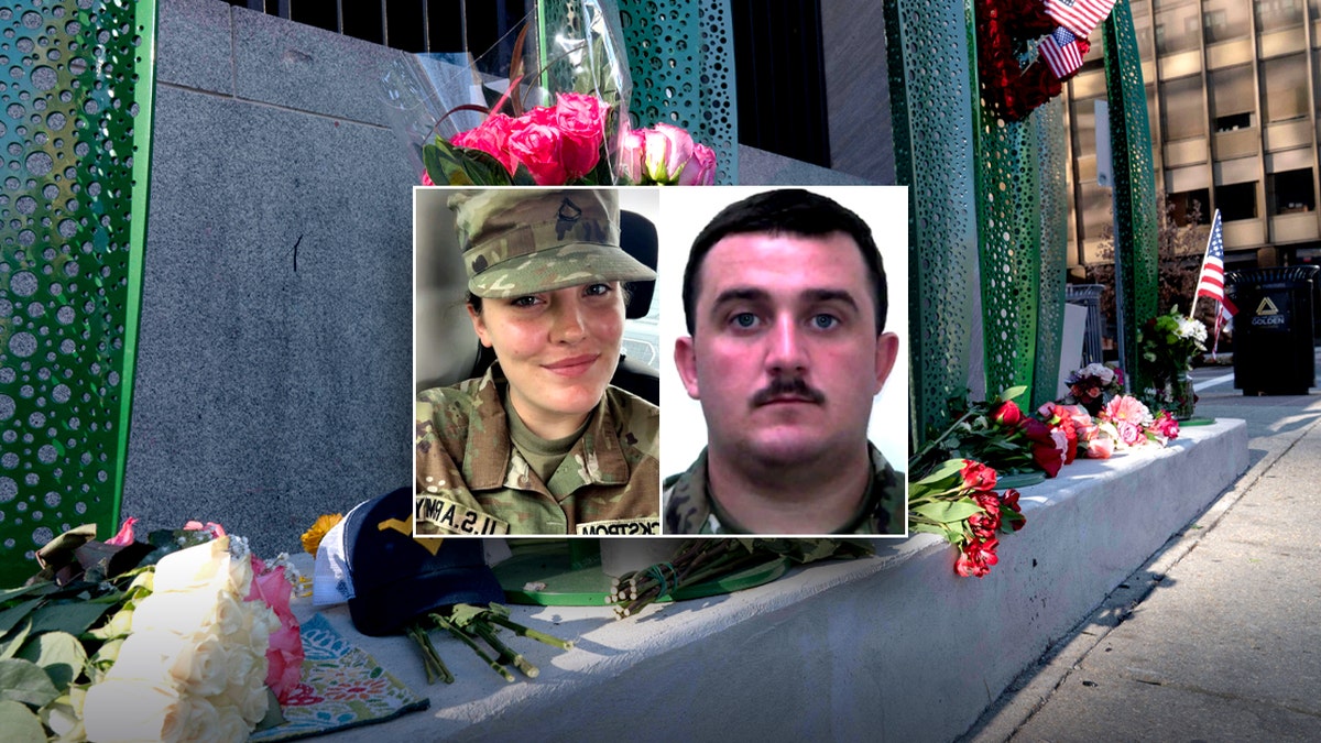 Photos of Sarah Beckstrom and Andrew Wolfe over a photo of a memorial with flowers, American flags and a West Virginia hat