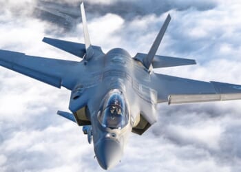 An F-35 Lightning II fighter jet in flight.